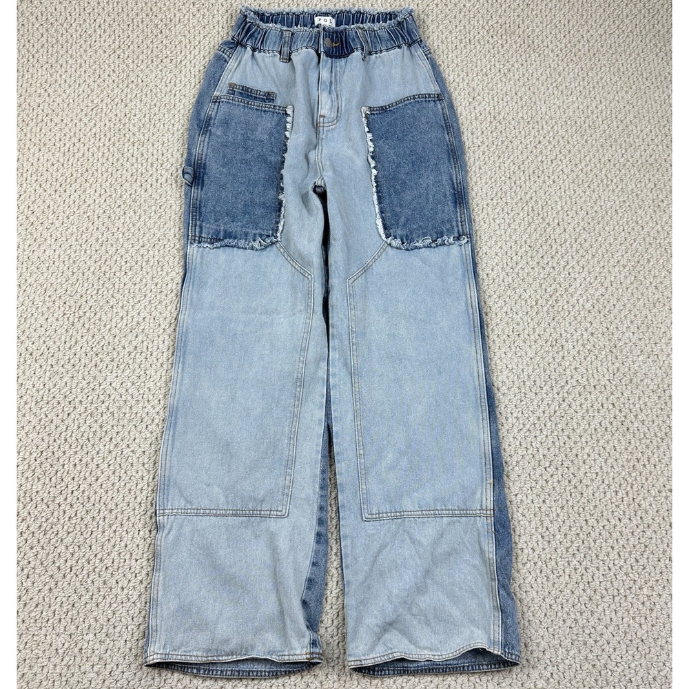 POL Jeans Women M Blue Patchwork High Rise Double Knee Wide Leg Baggy Skater Y2K